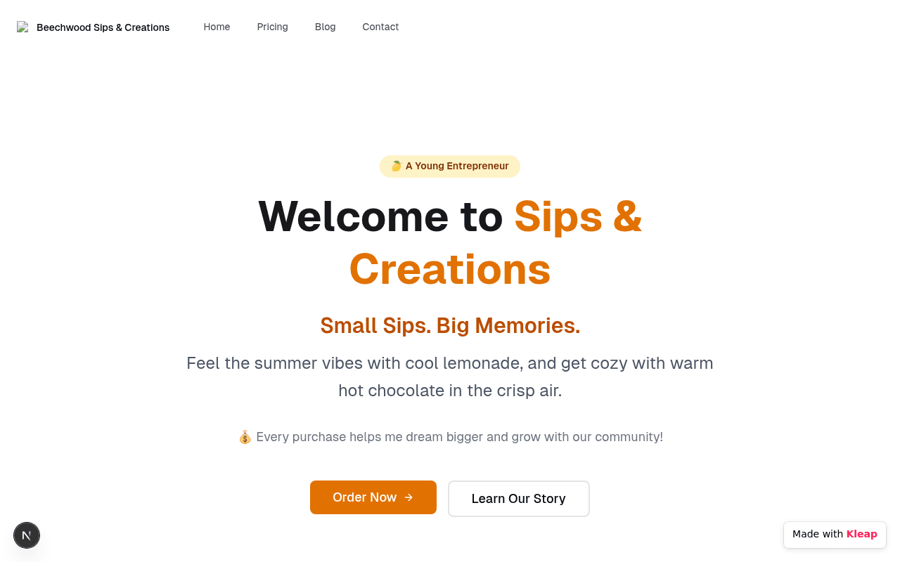 A delightful homepage for a young entrepreneur crafting refreshing sips and memorable creations.