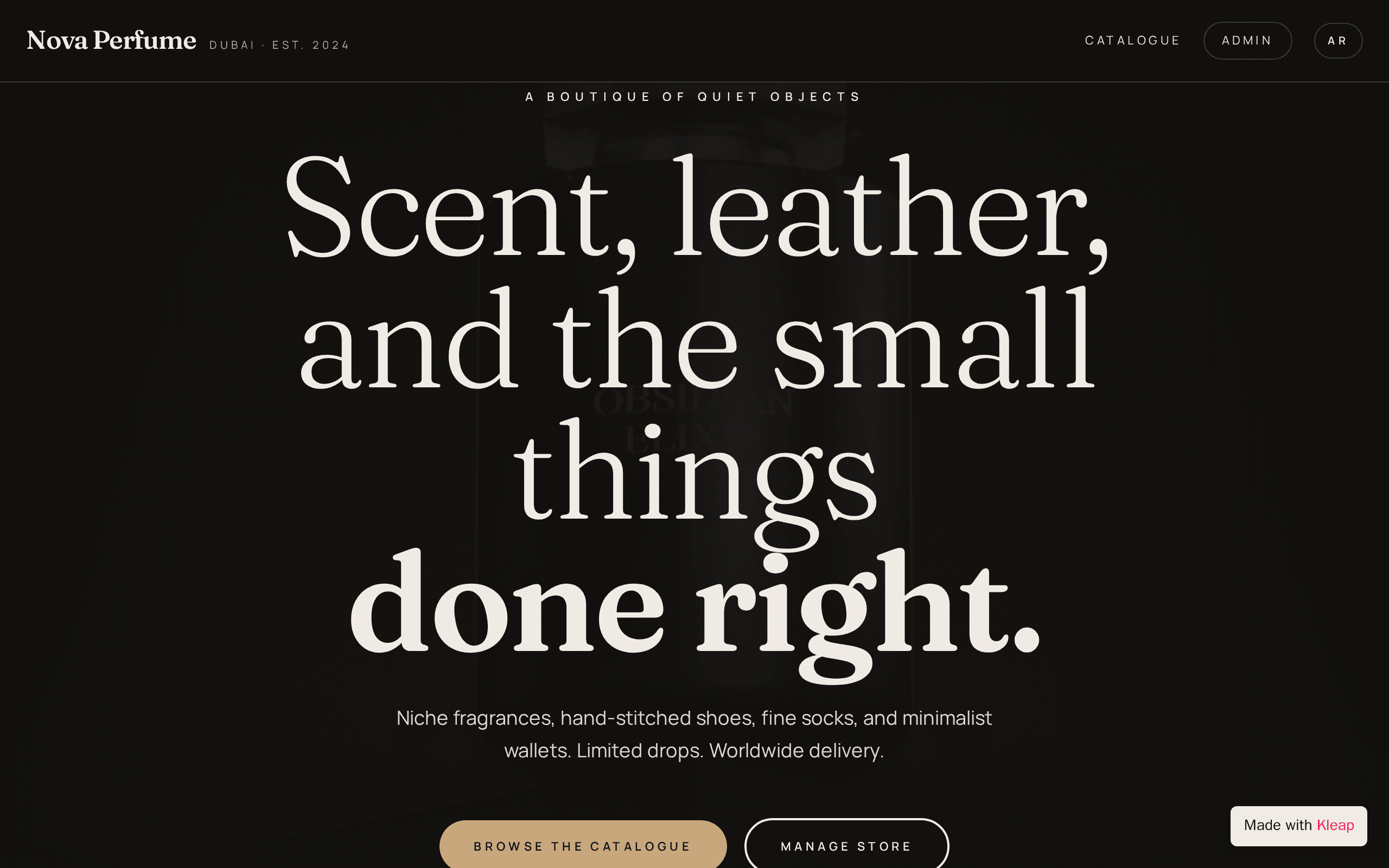A boutique of quiet objects — niche fragrances, leather goods, and the small things done right.