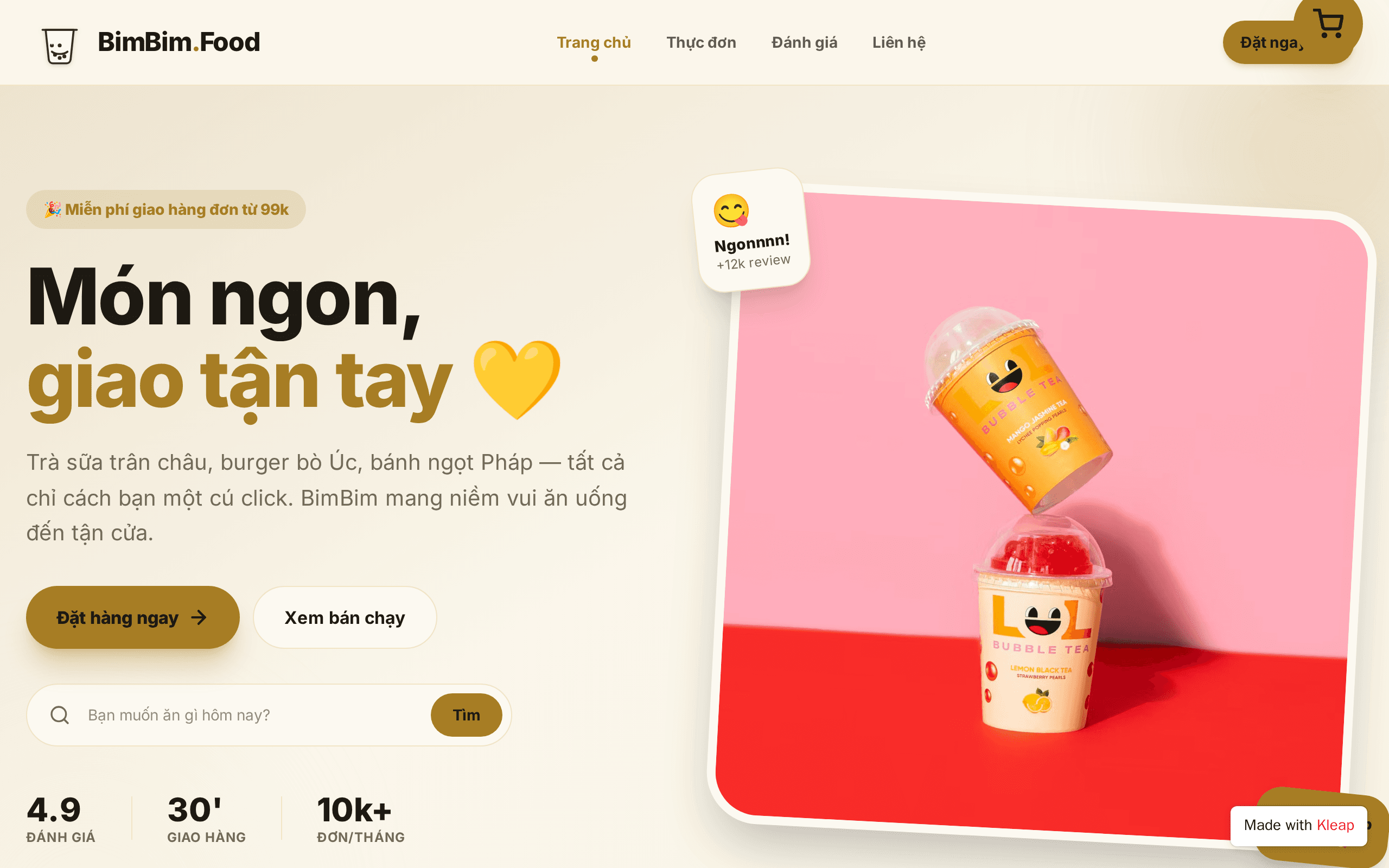 Vietnamese food delivery with bubble tea charm and warm golden vibes.