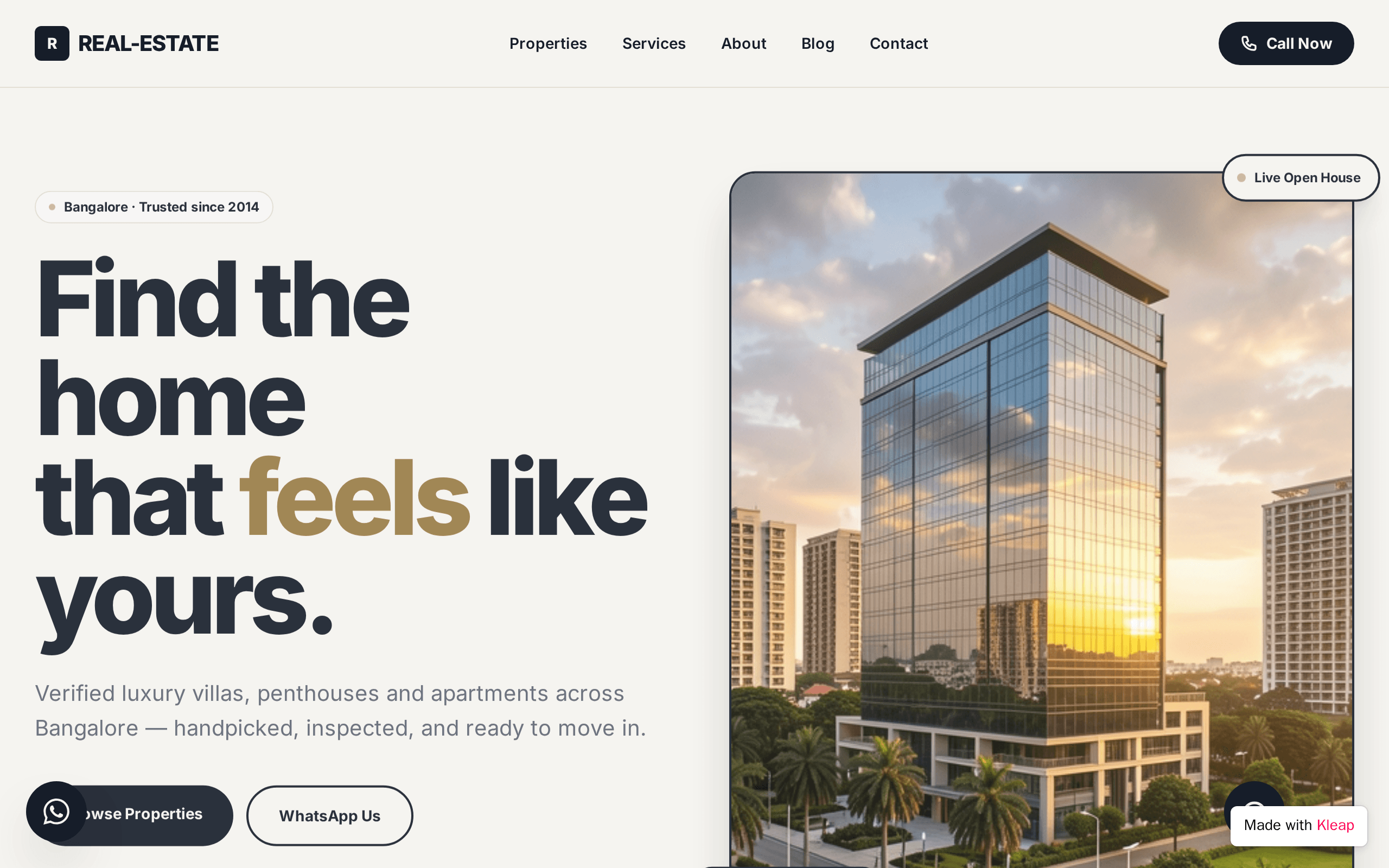 Bangalore luxury real estate with a clean, modern hero and clear CTAs.