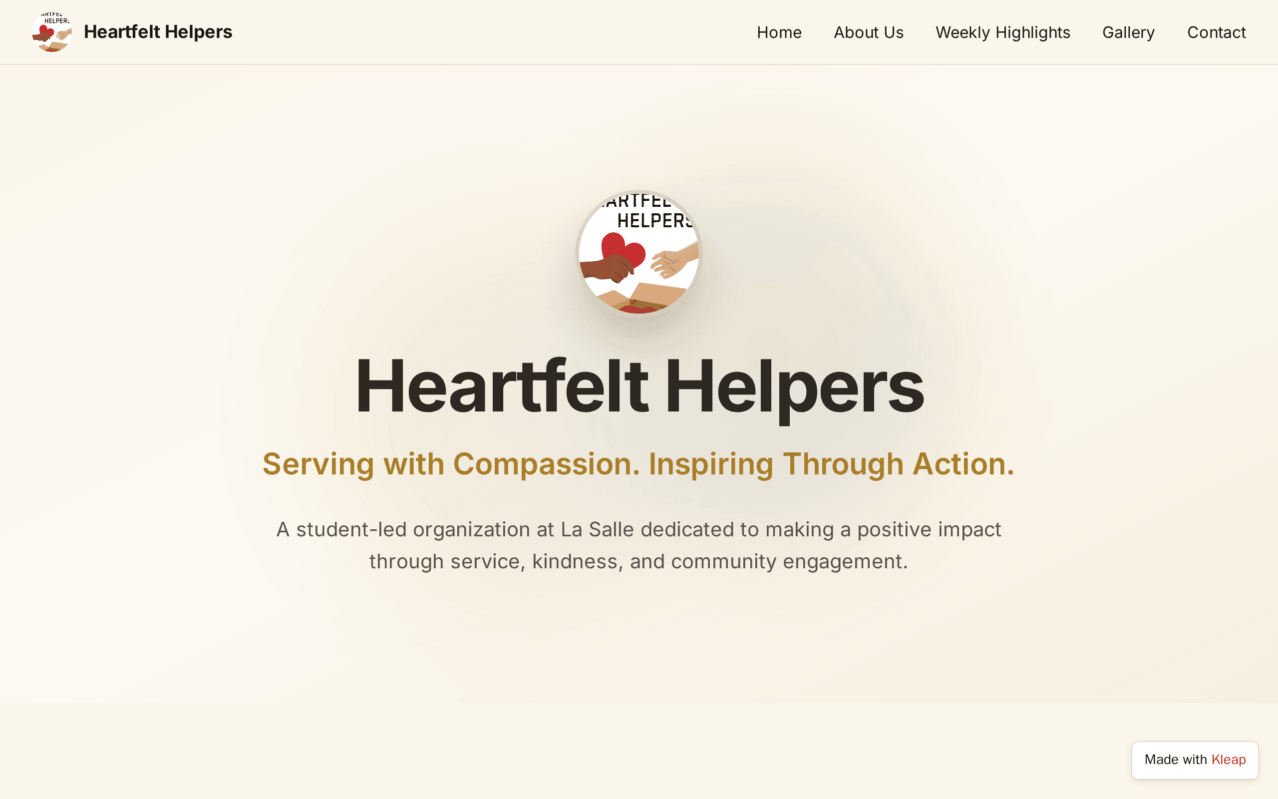 Student-led service organization website with a warm, hopeful mission.