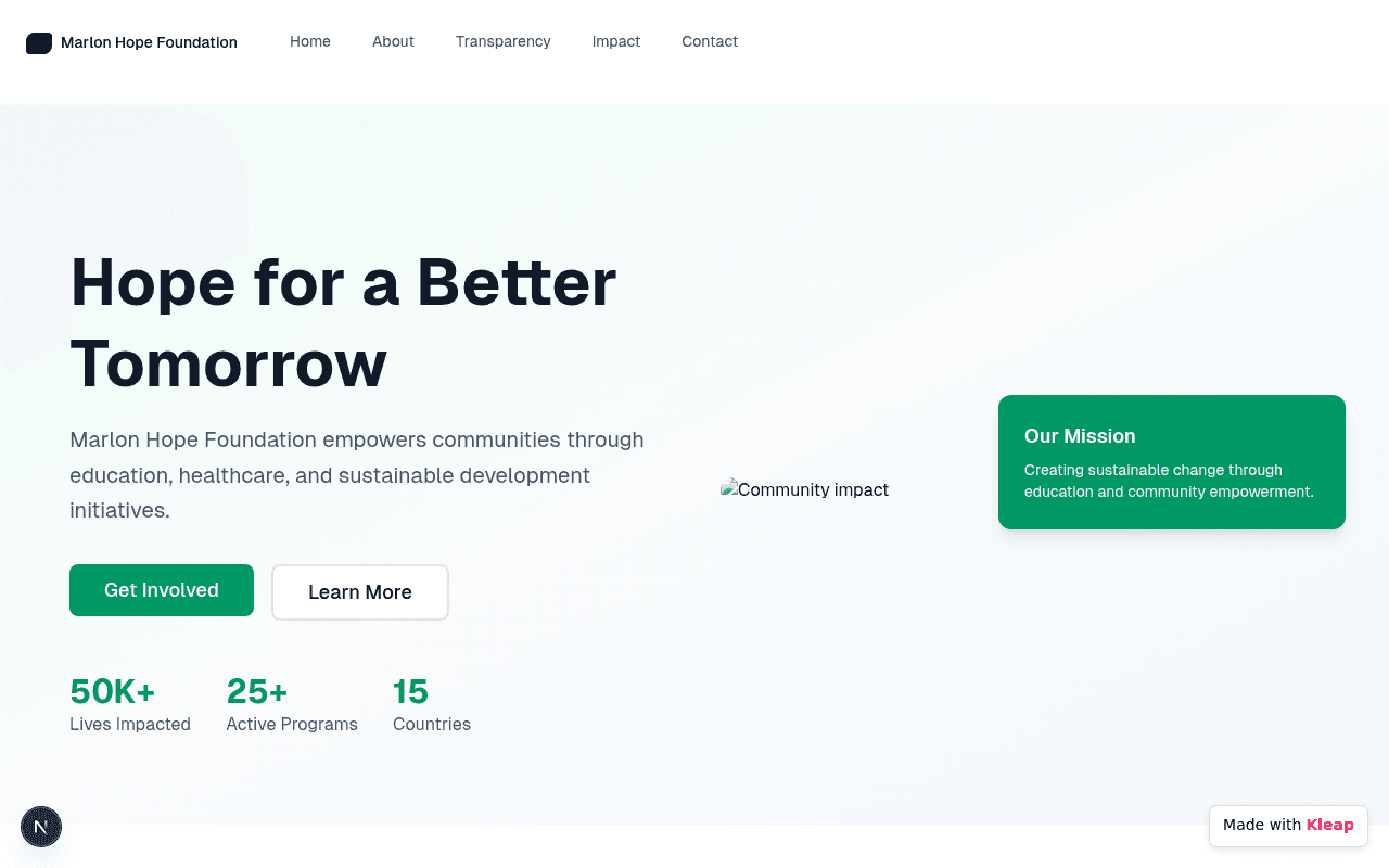 A clean, inviting page for a foundation focused on education, healthcare, and sustainable development.