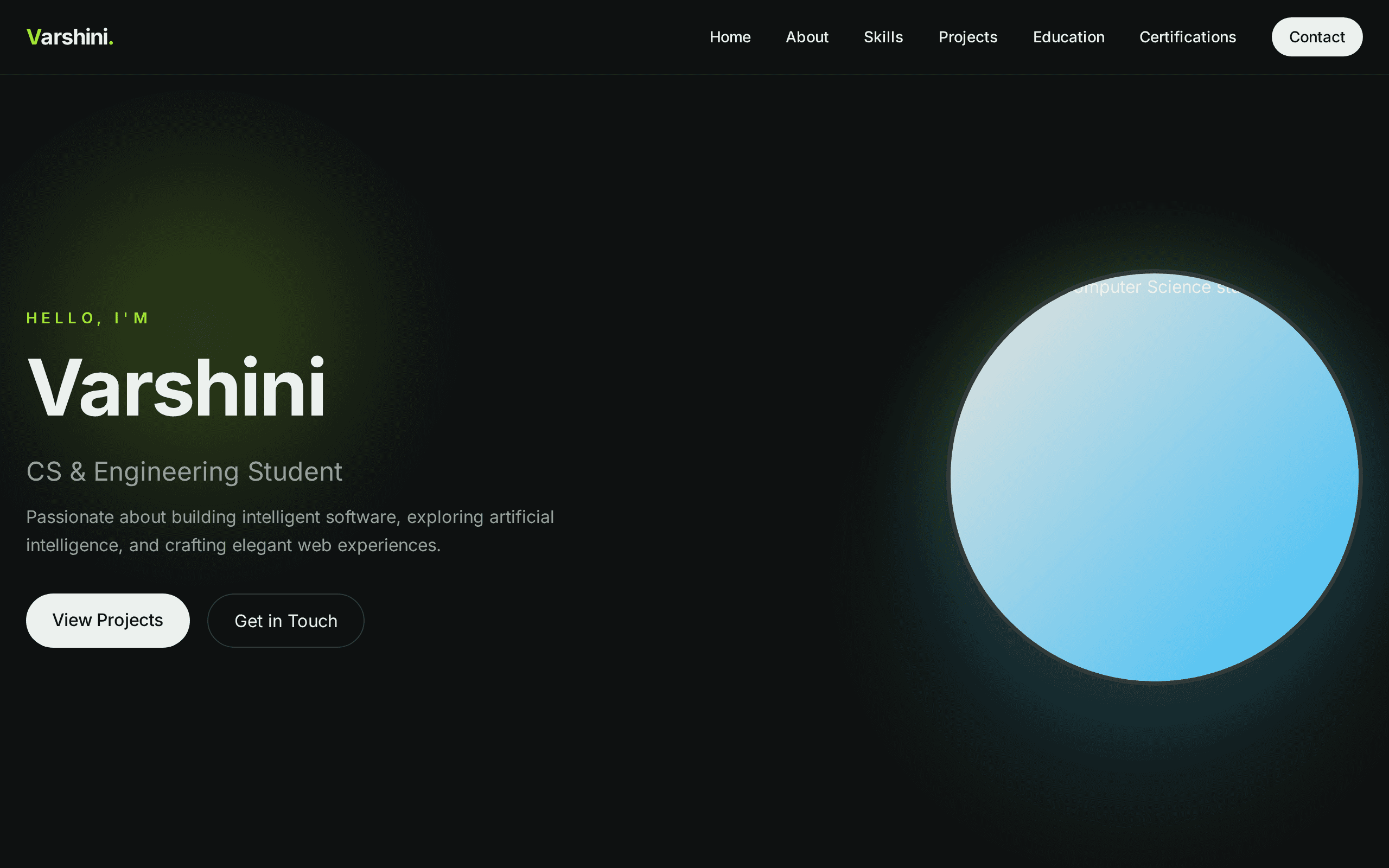 A student portfolio with a dark hero and a broken image placeholder.