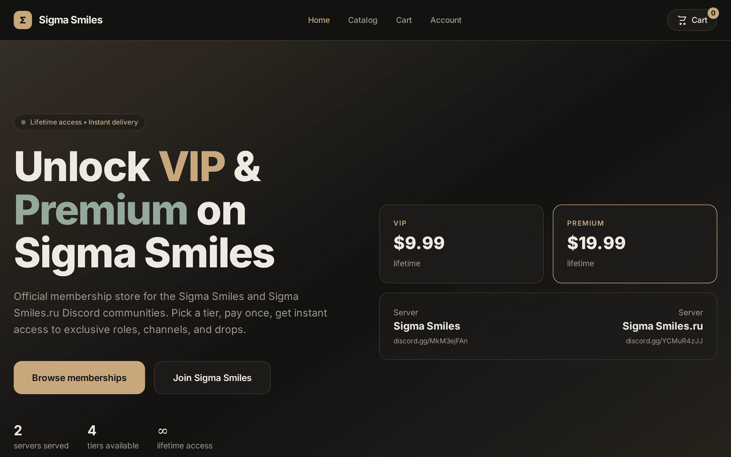 Discord membership store with VIP and Premium tiers for the Sigma Smiles community.