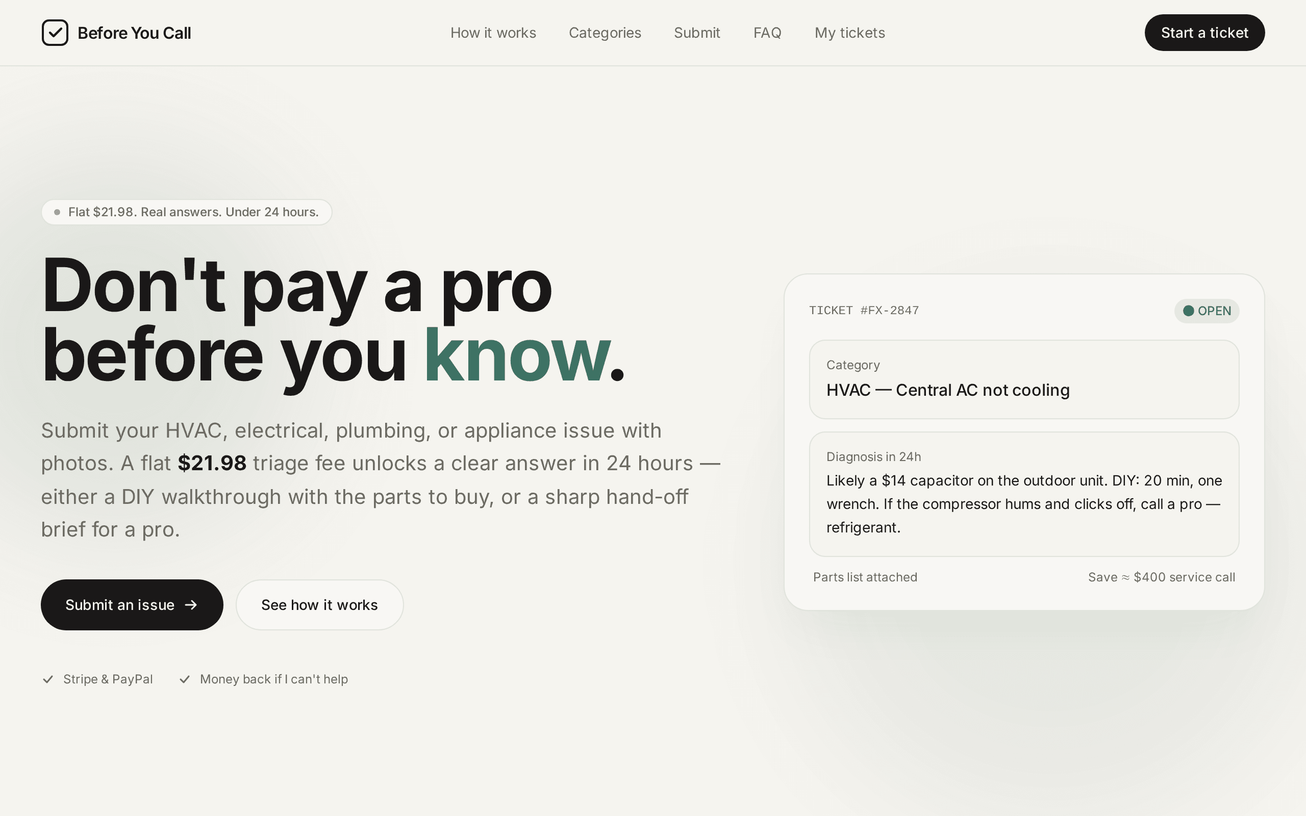 A $21.98 triage service that diagnoses your home repair issue before you call a pro.