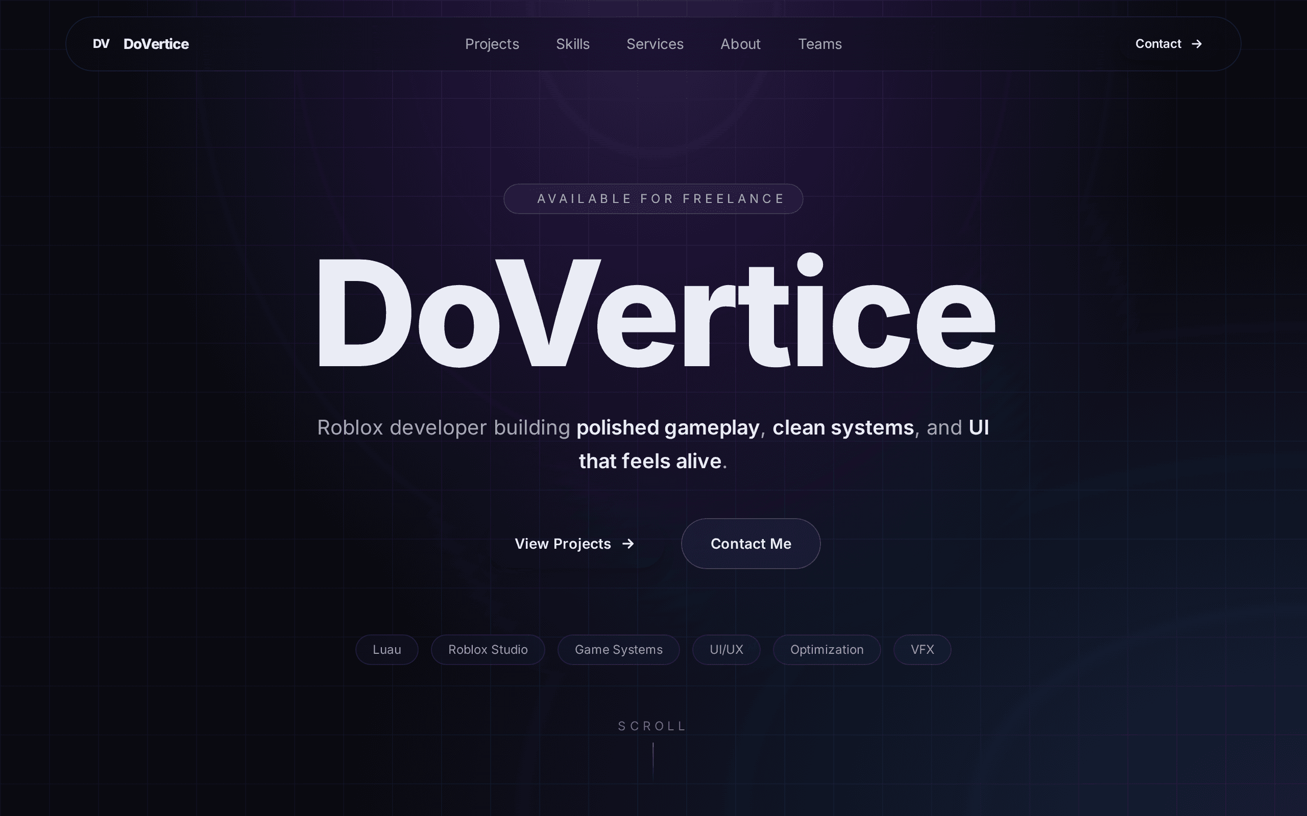 A Roblox developer's portfolio with a dark, technical aesthetic and clear focus.