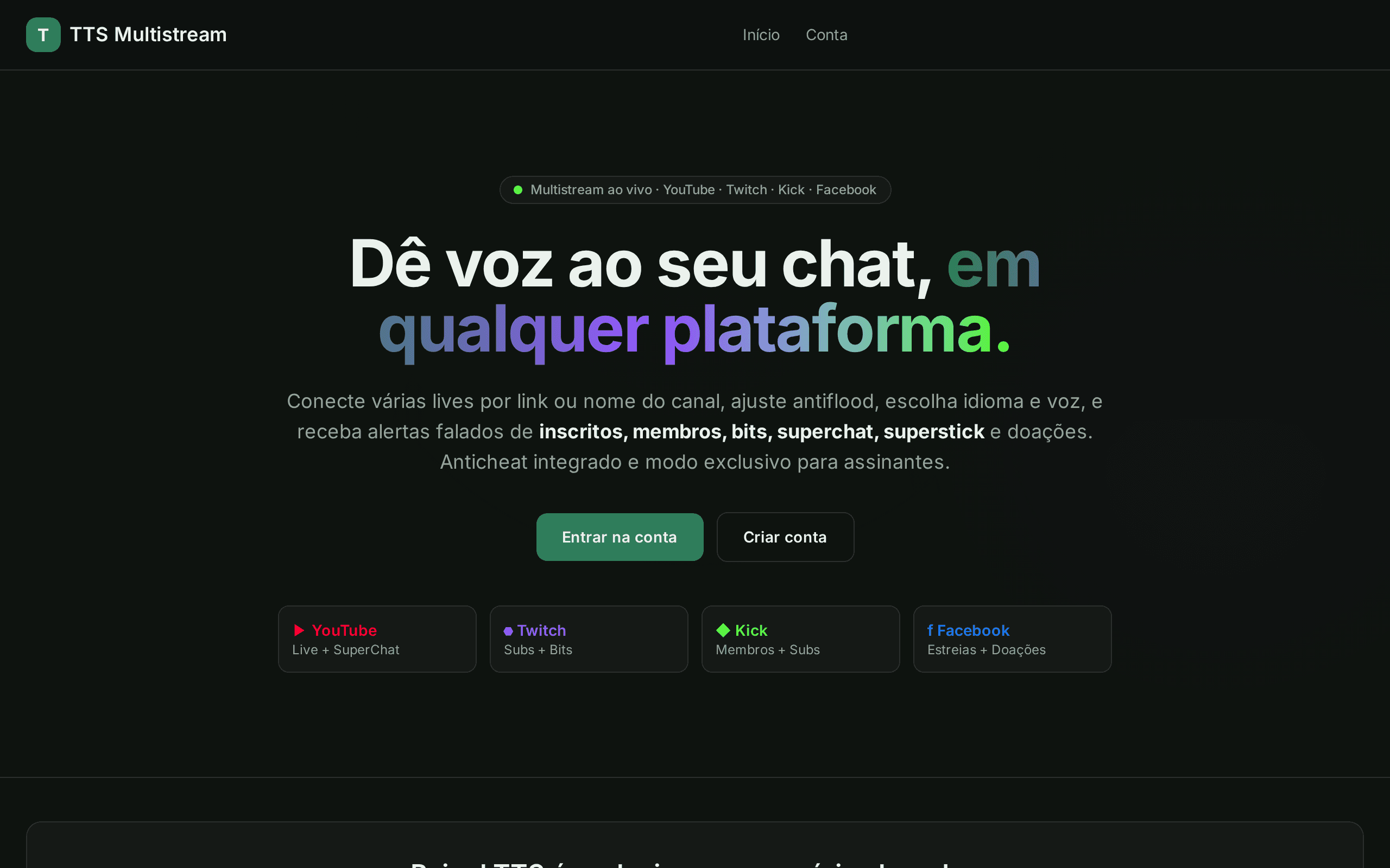 TTS tool that reads your live chat aloud across YouTube, Twitch, Kick, and Facebook.