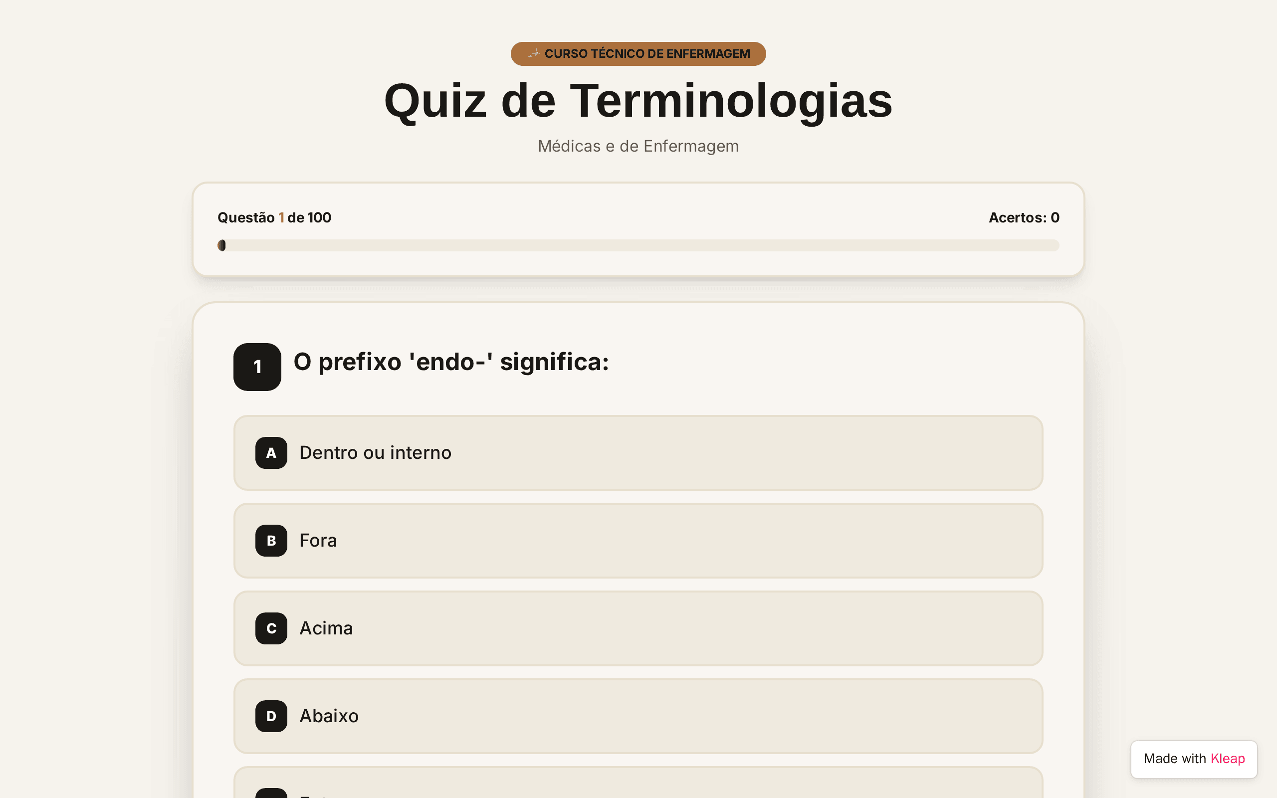 A focused medical terminology quiz platform for nursing students.