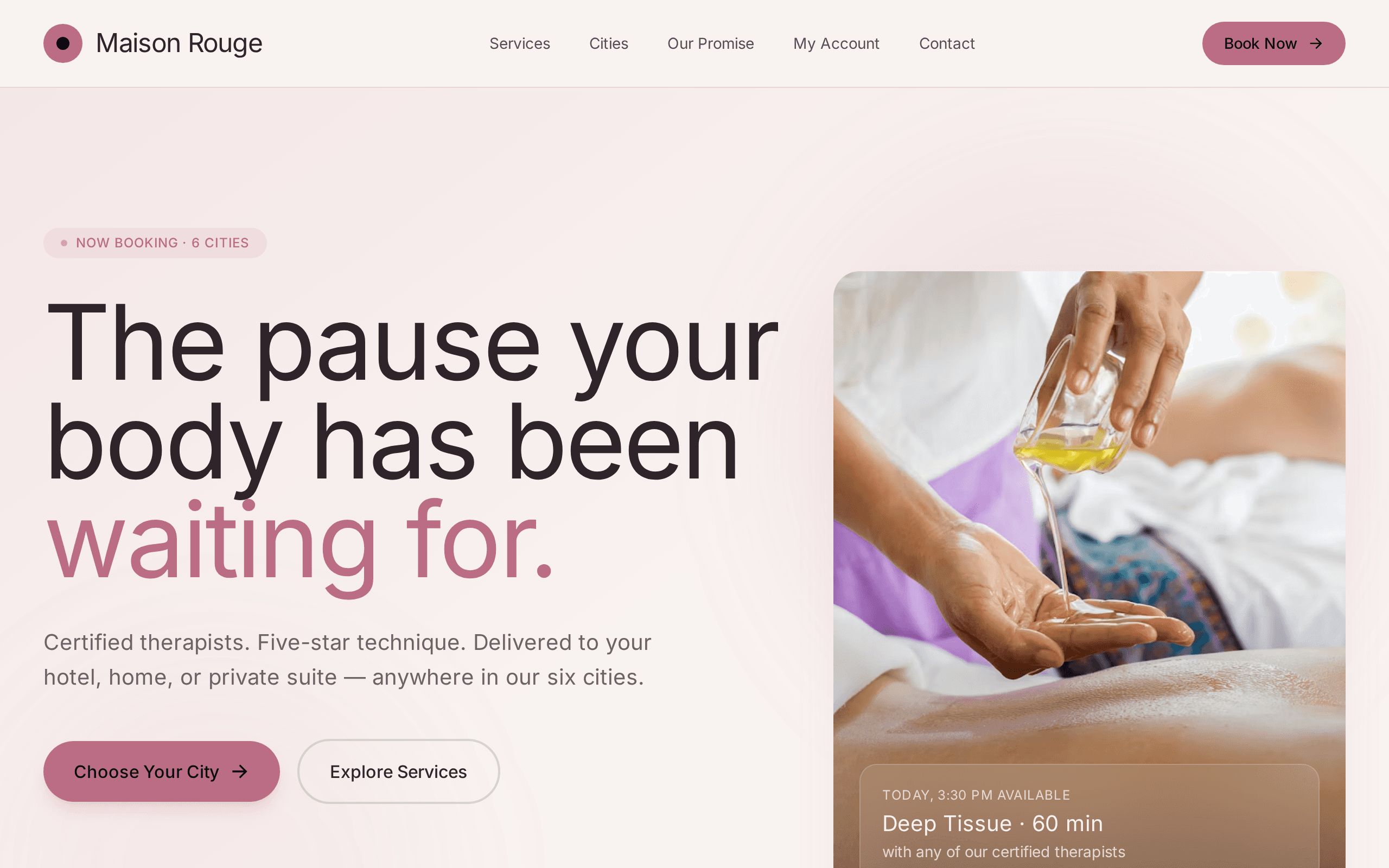 On-demand massage therapy delivered to your hotel, home, or private suite.
