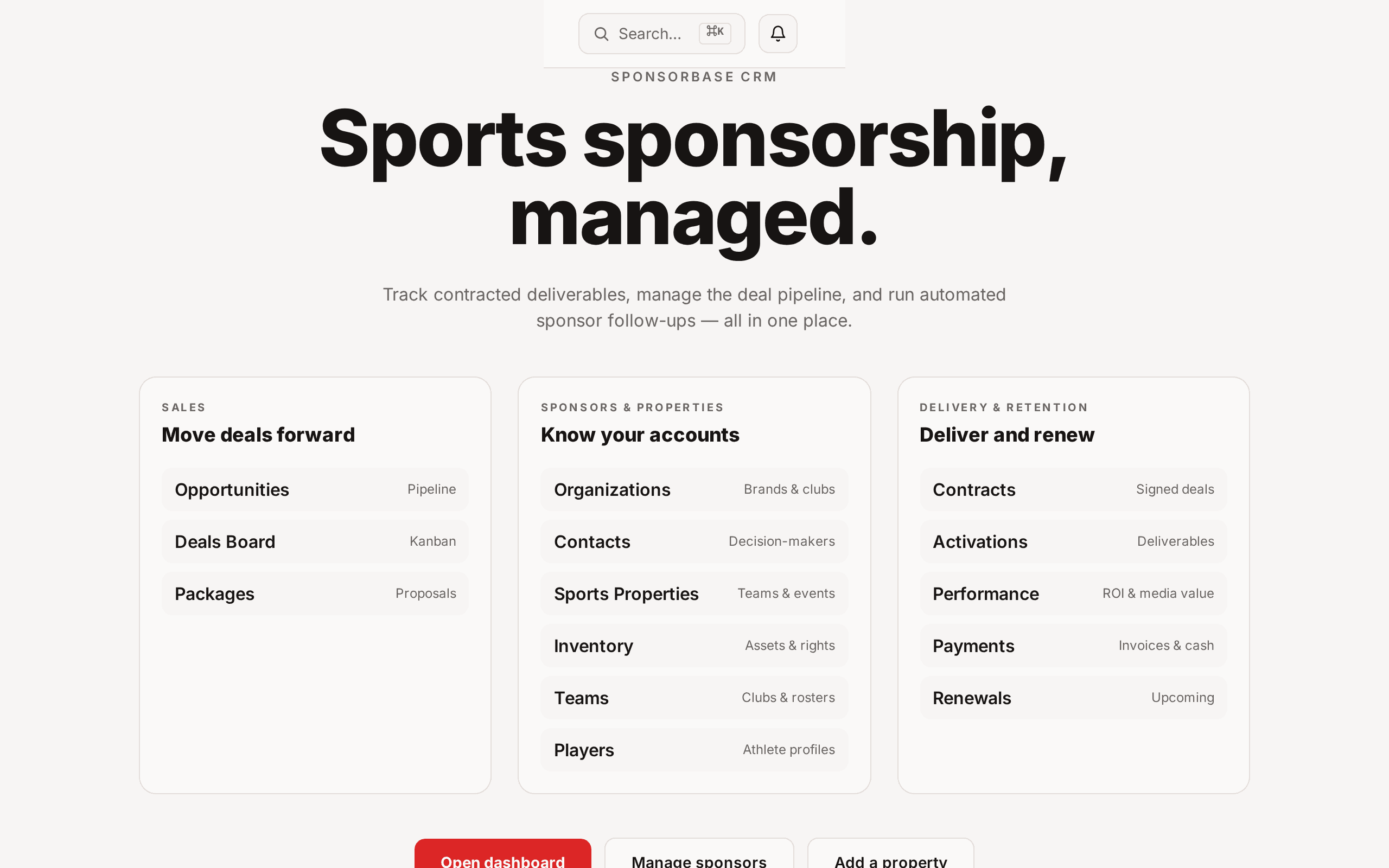 Sports sponsorship CRM that tracks deliverables, pipelines, and renewals.