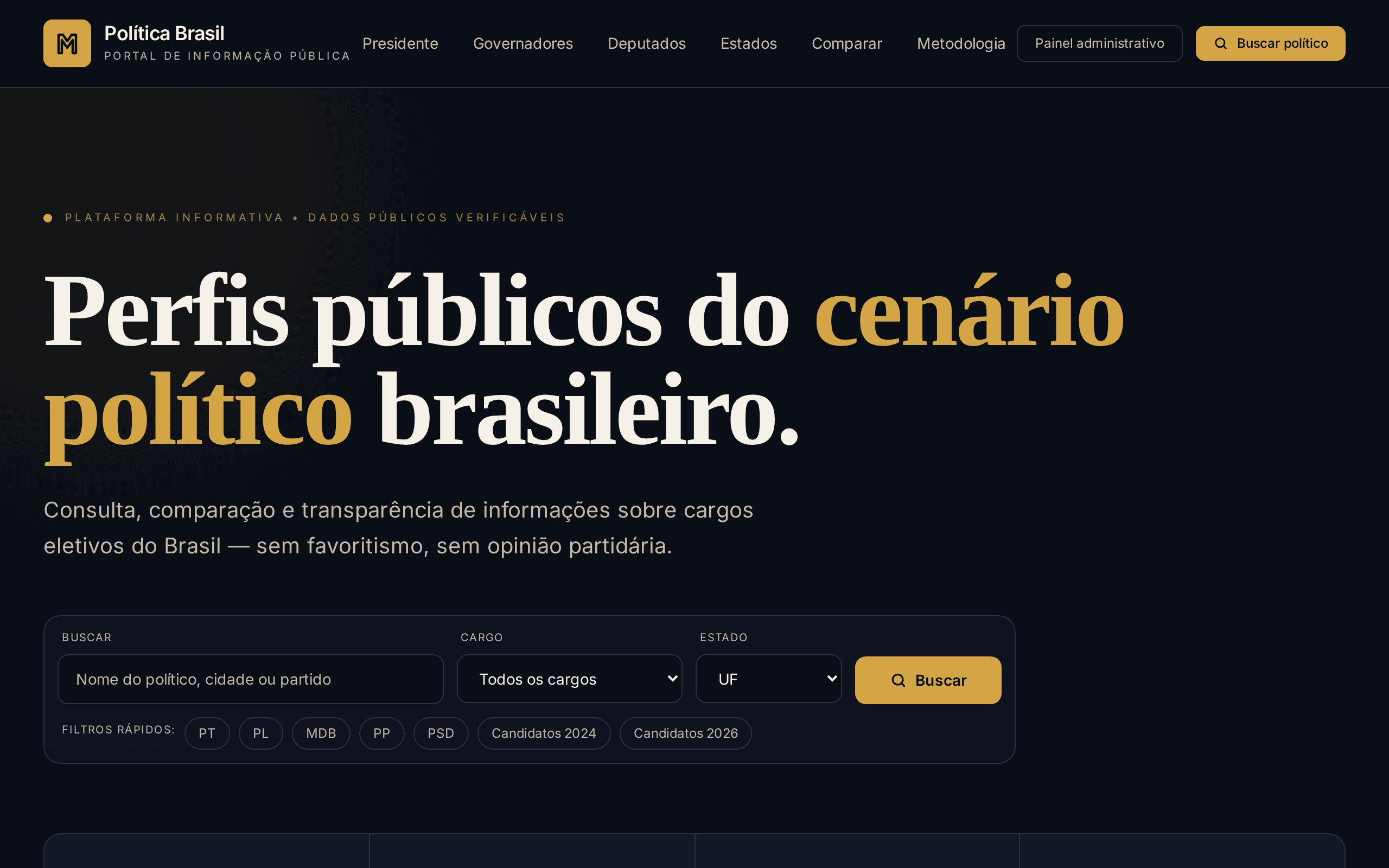 Transparent, non-partisan profiles of Brazilian elected officials with verifiable public data.