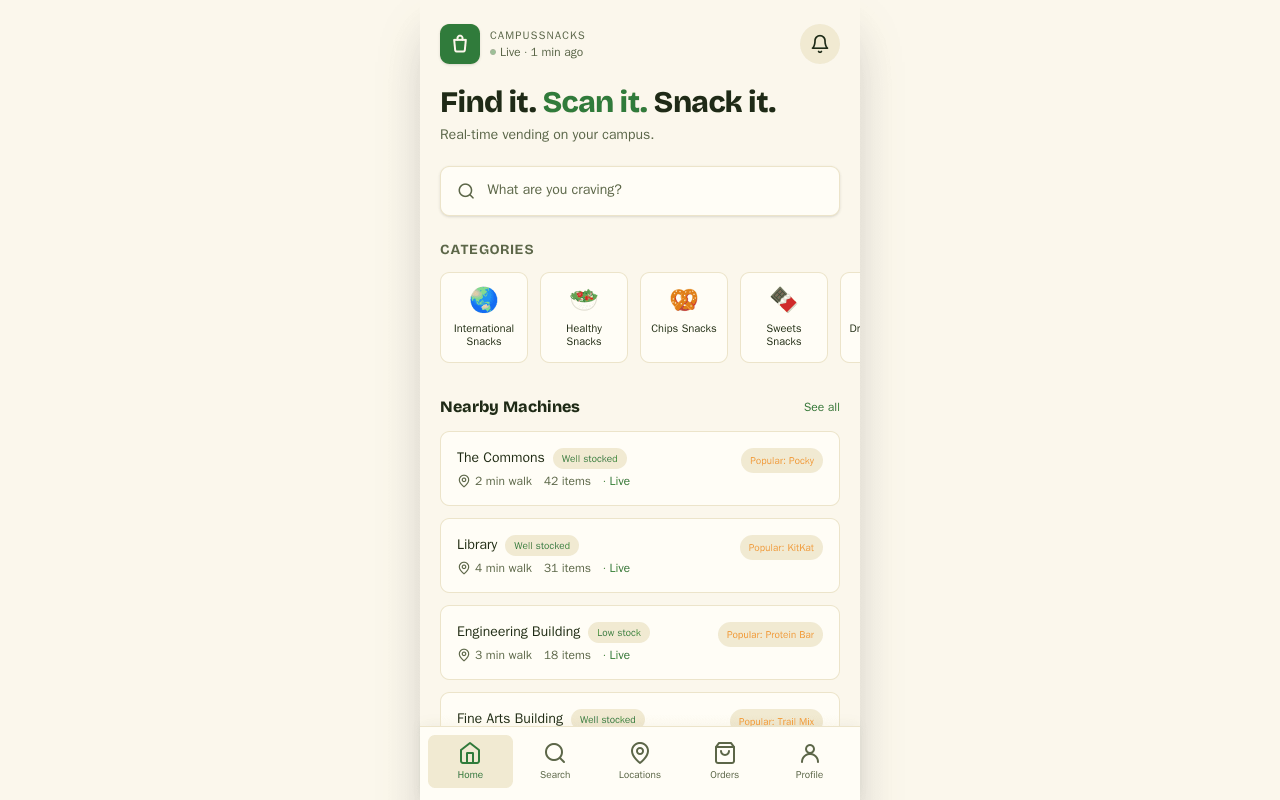 Find it. Scan it. Snack it. Real-time vending for campus life.