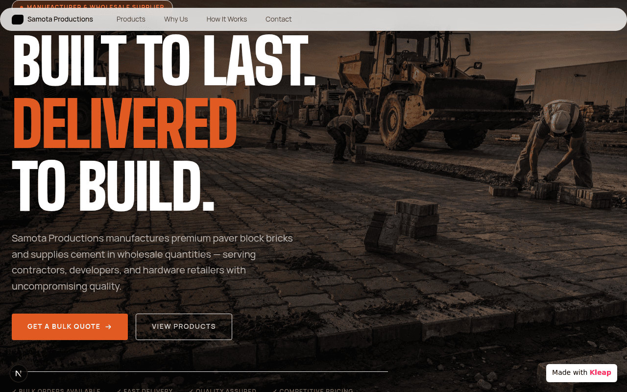 Robust building materials supplier site showcasing strength and quality.