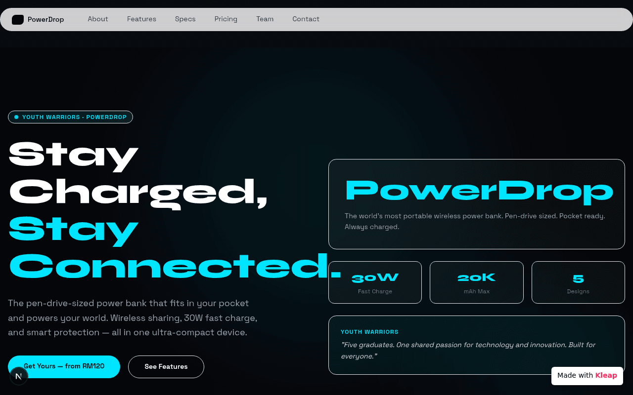 A sophisticated landing page for a pen-drive-sized wireless power bank.