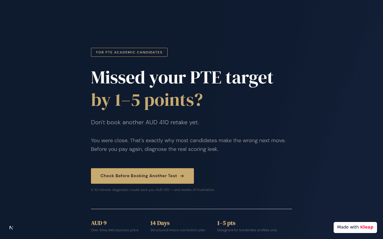 A clear, direct landing page guiding PTE candidates to diagnose their scoring gaps.