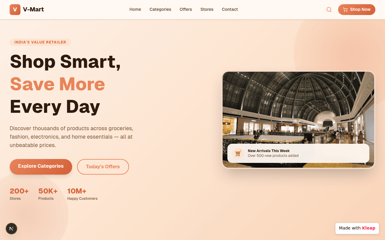A cohesive e-commerce landing page connecting customers to everyday value and new arrivals.
