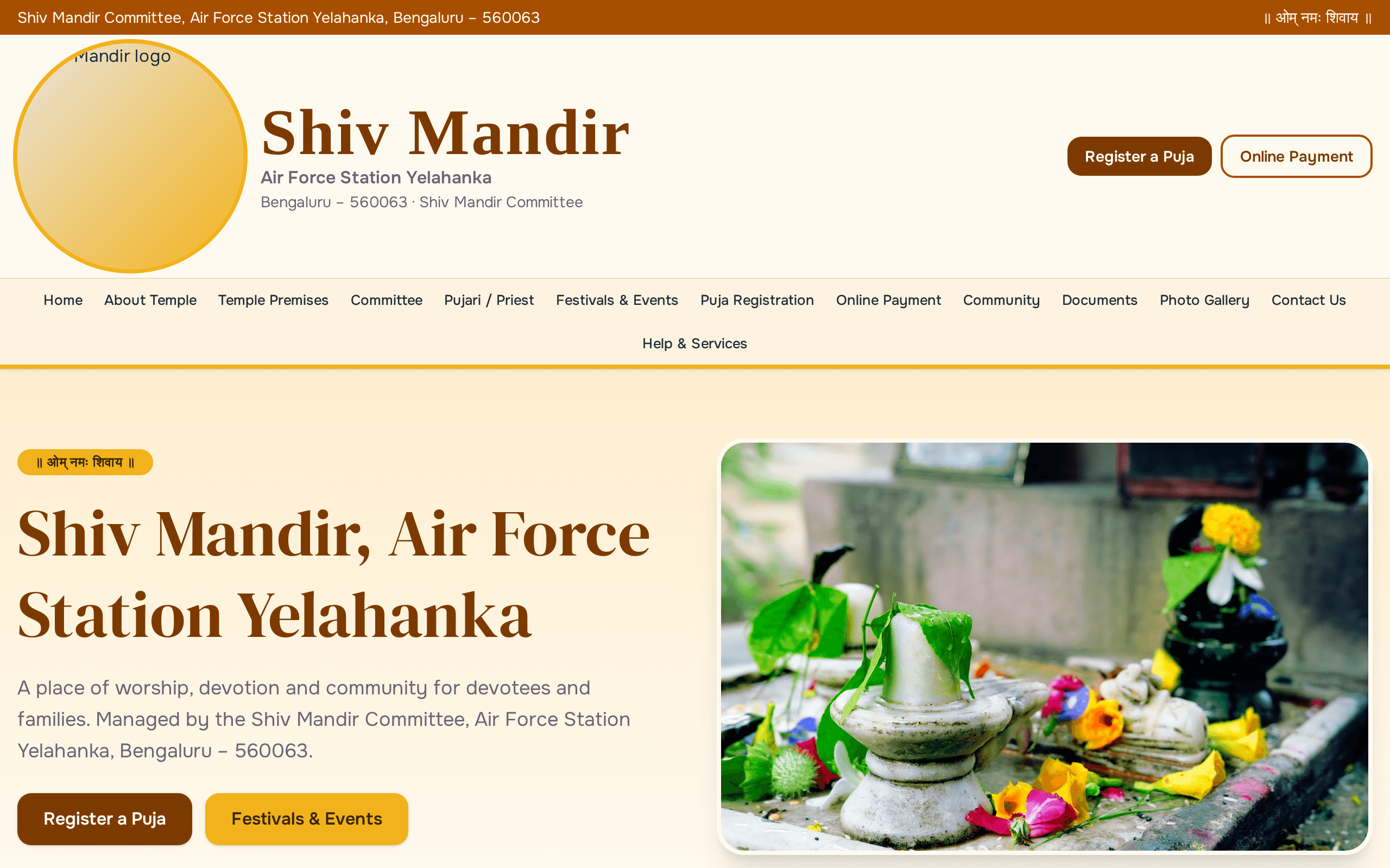 A sacred digital home for the Shiv Mandir community at Air Force Station Yelahanka.