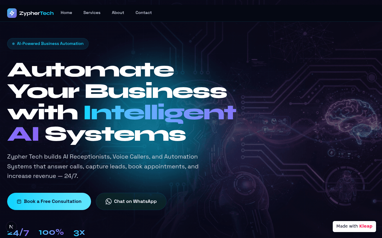 Intelligent AI systems automate business tasks, capturing leads and increasing revenue 24/7.