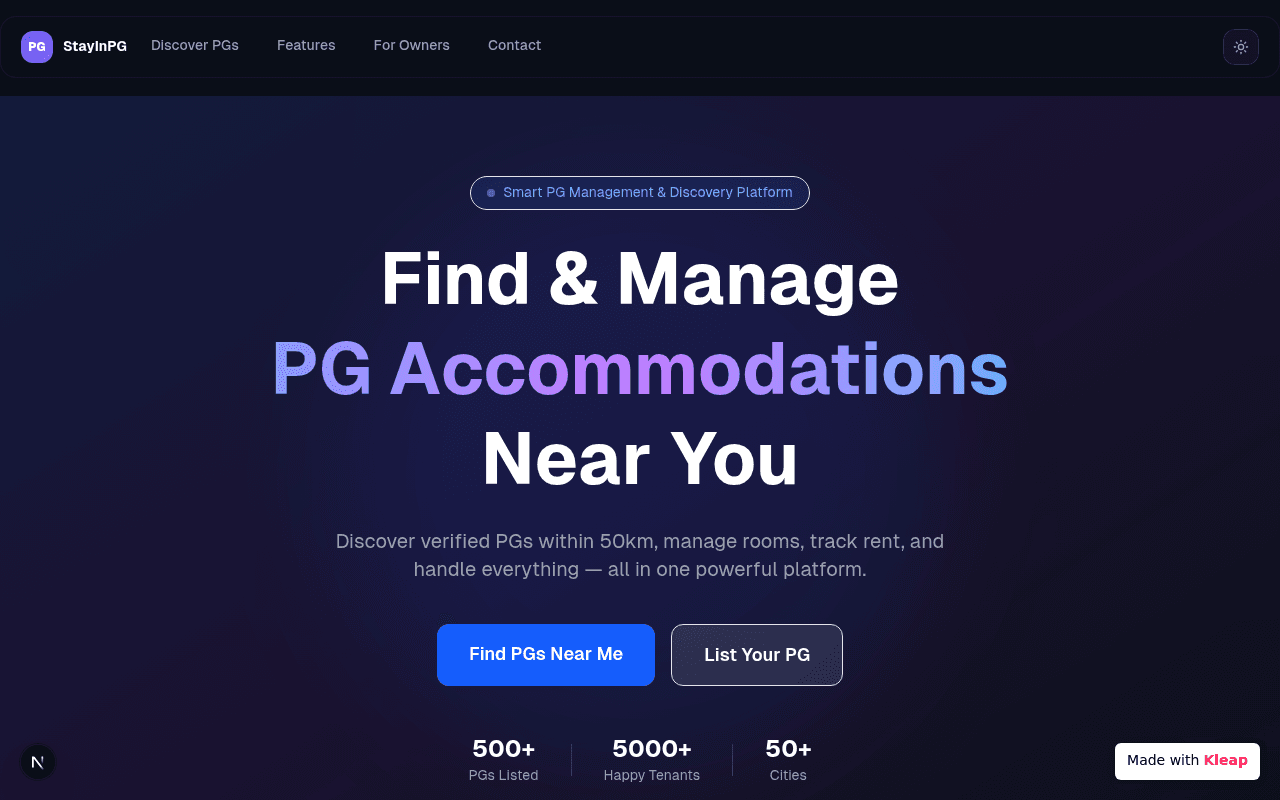 Manage your paying guest accommodations with ease, connecting owners and tenants through a smart platform.
