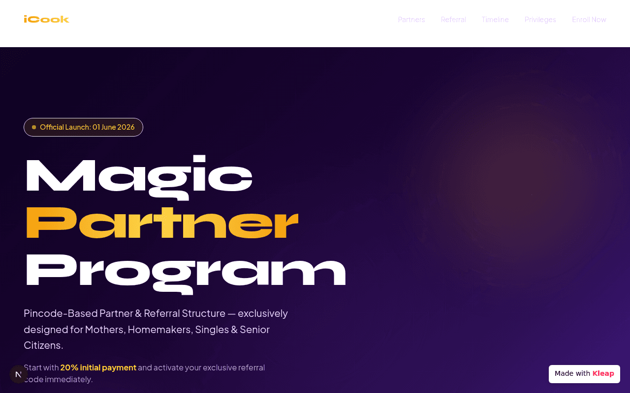 A referral program landing page with a bold, high-contrast headline and a clear value proposition.