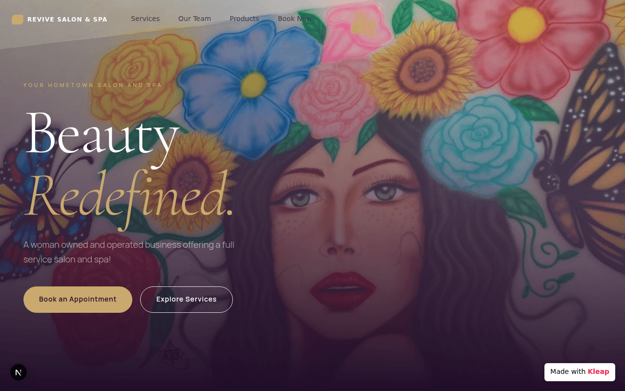 A warm, inviting digital storefront for a women-owned salon and spa.