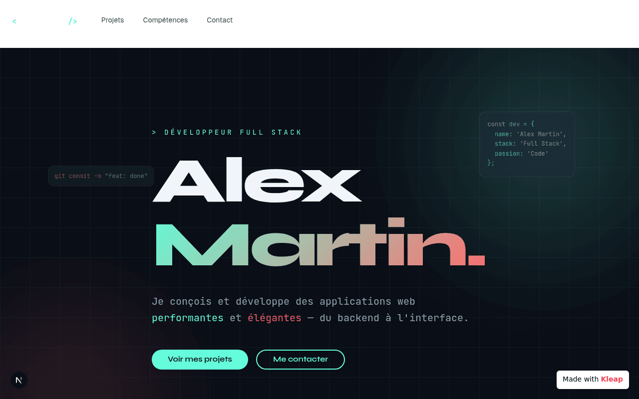 A developer's portfolio featuring a clean, code-inspired design.