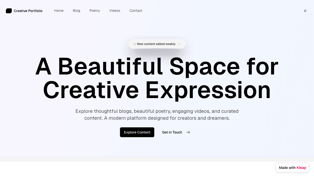 A minimalist platform for creators to share blogs, poetry, videos, and curated content.