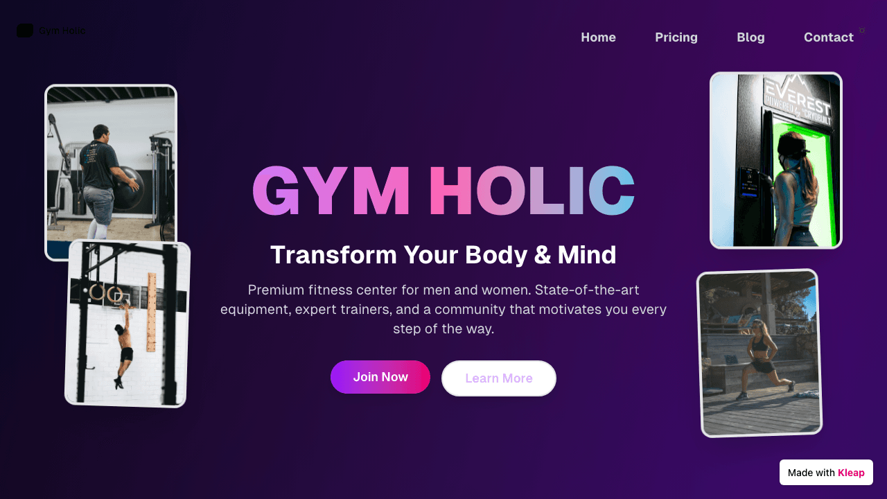 A modern fitness center site with dynamic visuals and clear calls to action.