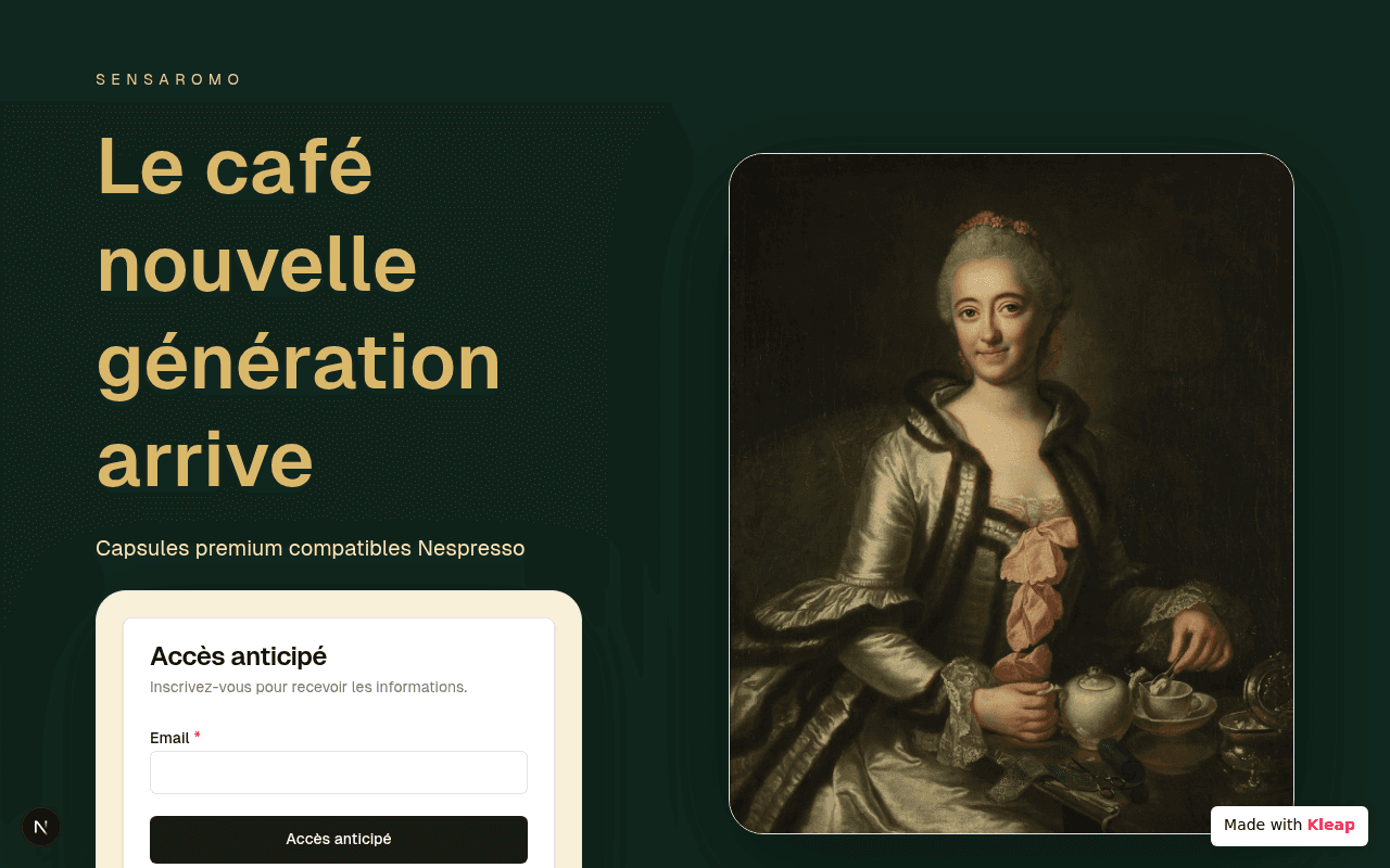 A chic pre-launch page for premium coffee capsules, blending classic art with modern design.