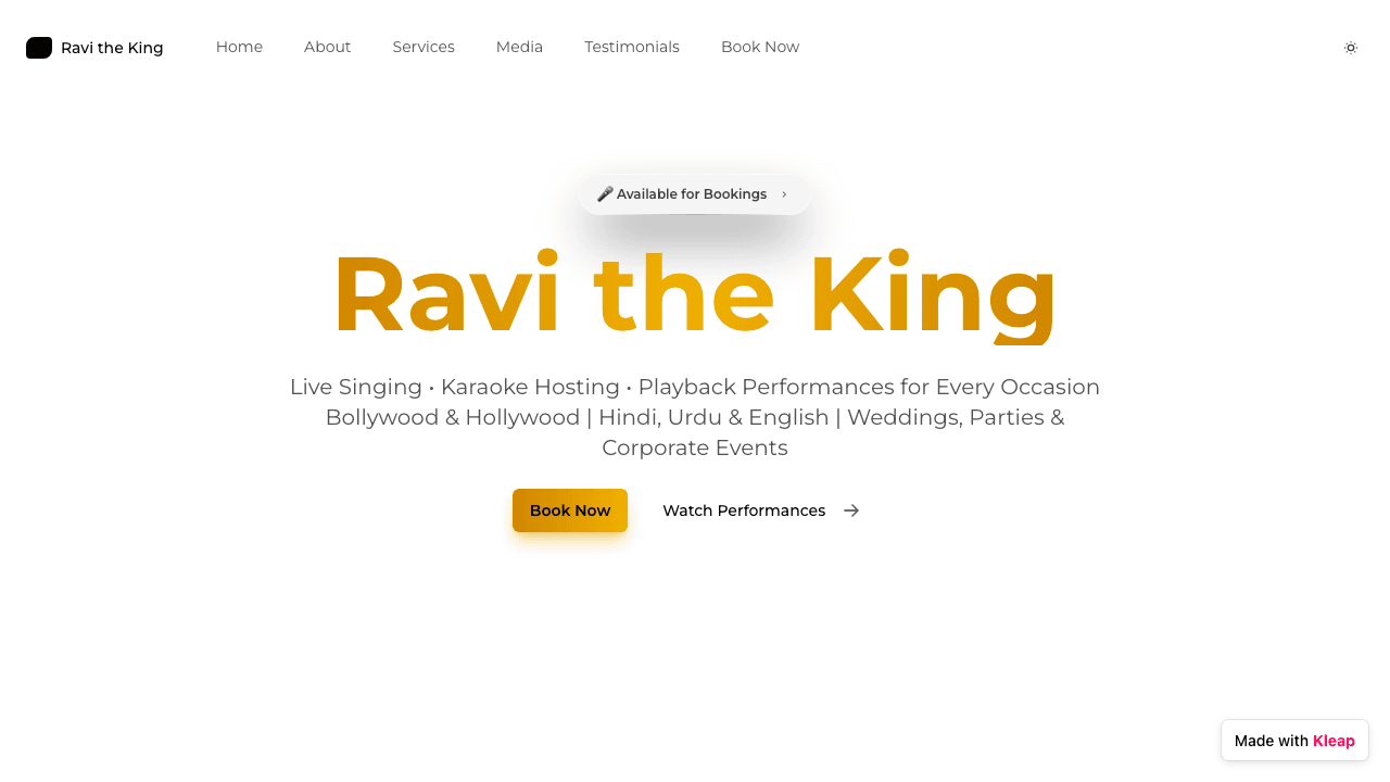 A clean, inviting page for a performing artist, offering a clear path to booking.
