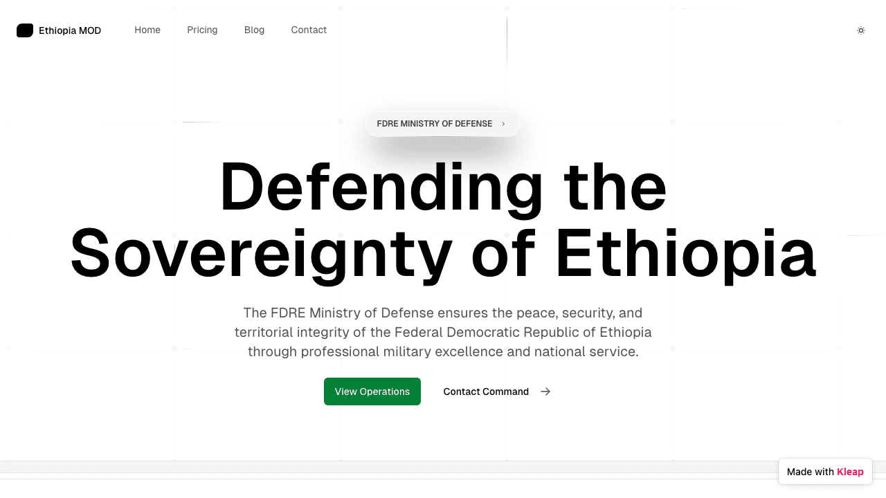 A clear, professional portal for the Ethiopian Ministry of Defense, emphasizing sovereignty.