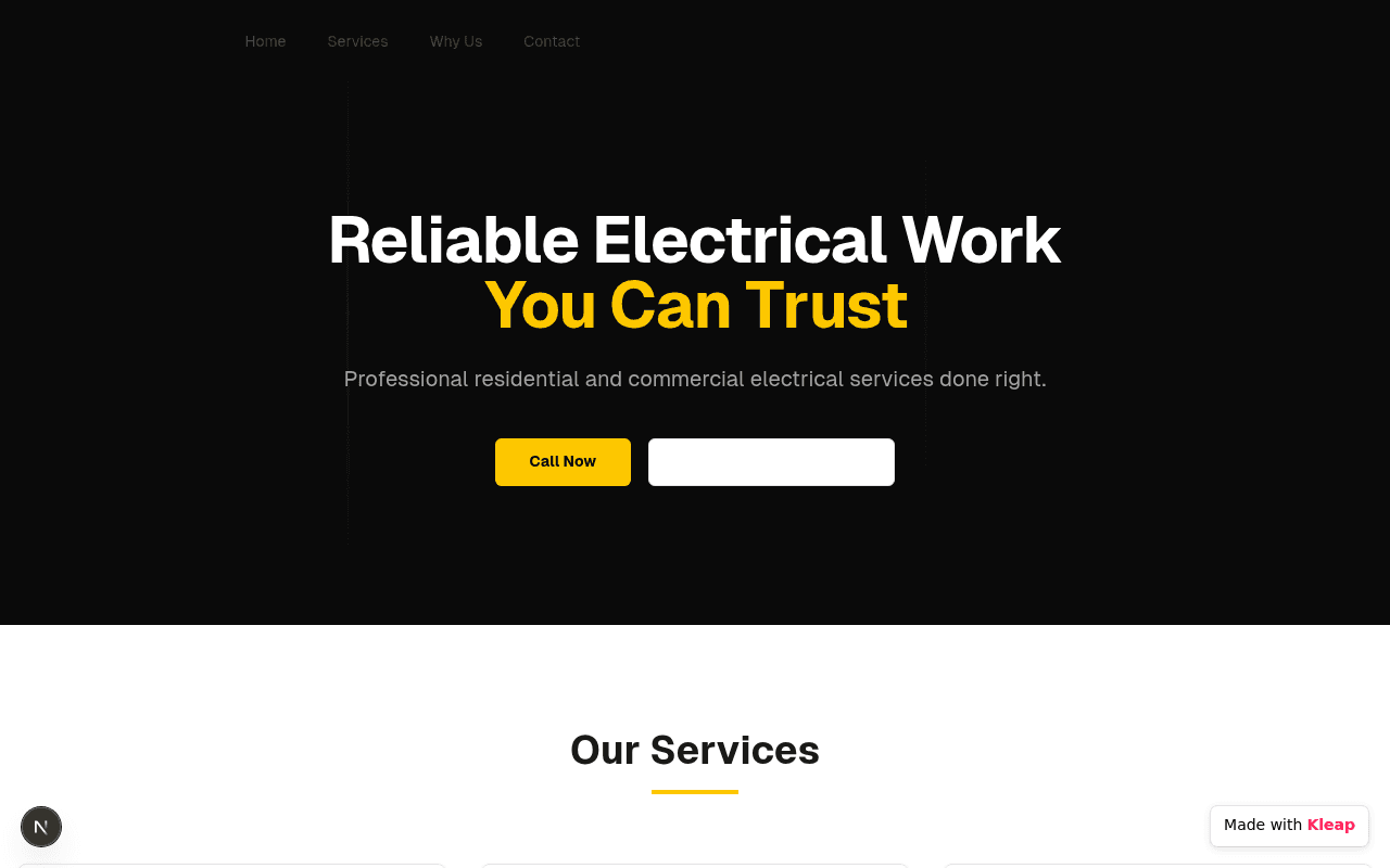 A clean, dark-themed electrical services site focusing on trust and reliability.