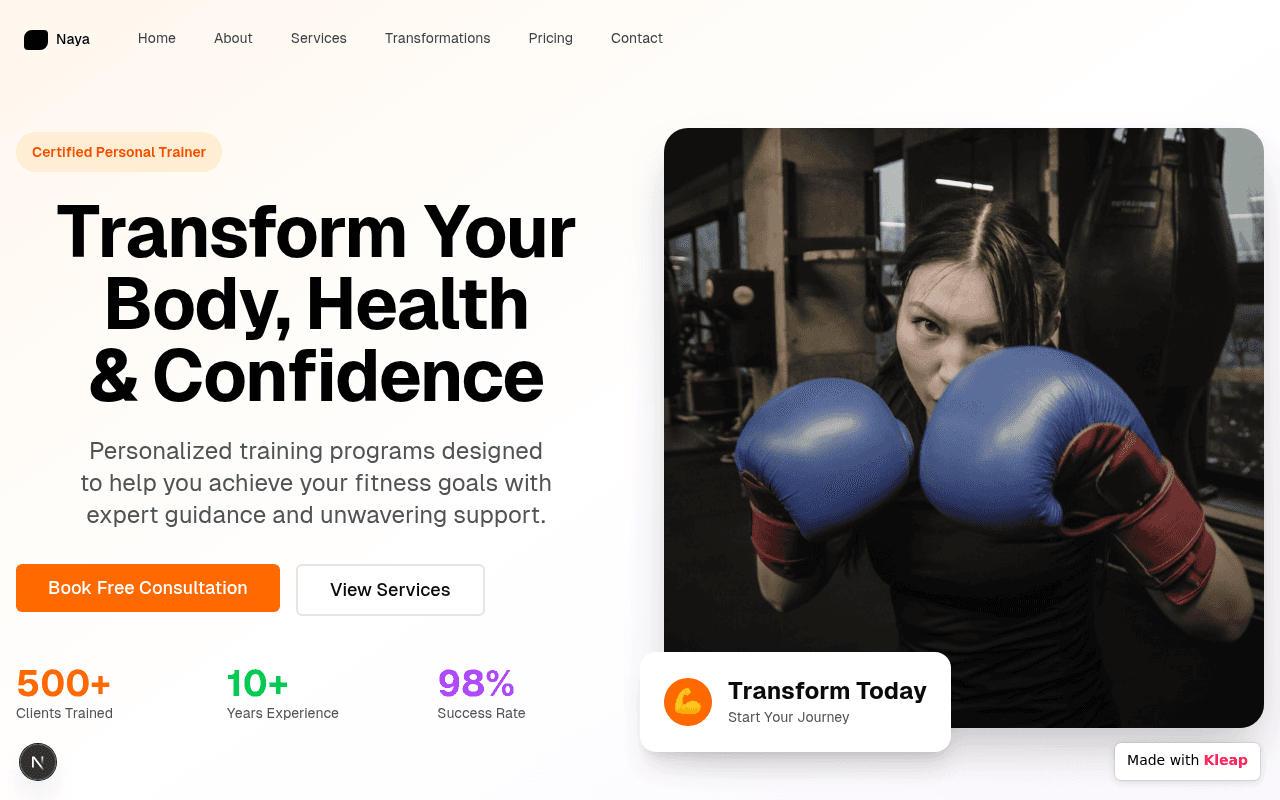 A modern personal trainer's site focused on transformative fitness results.
