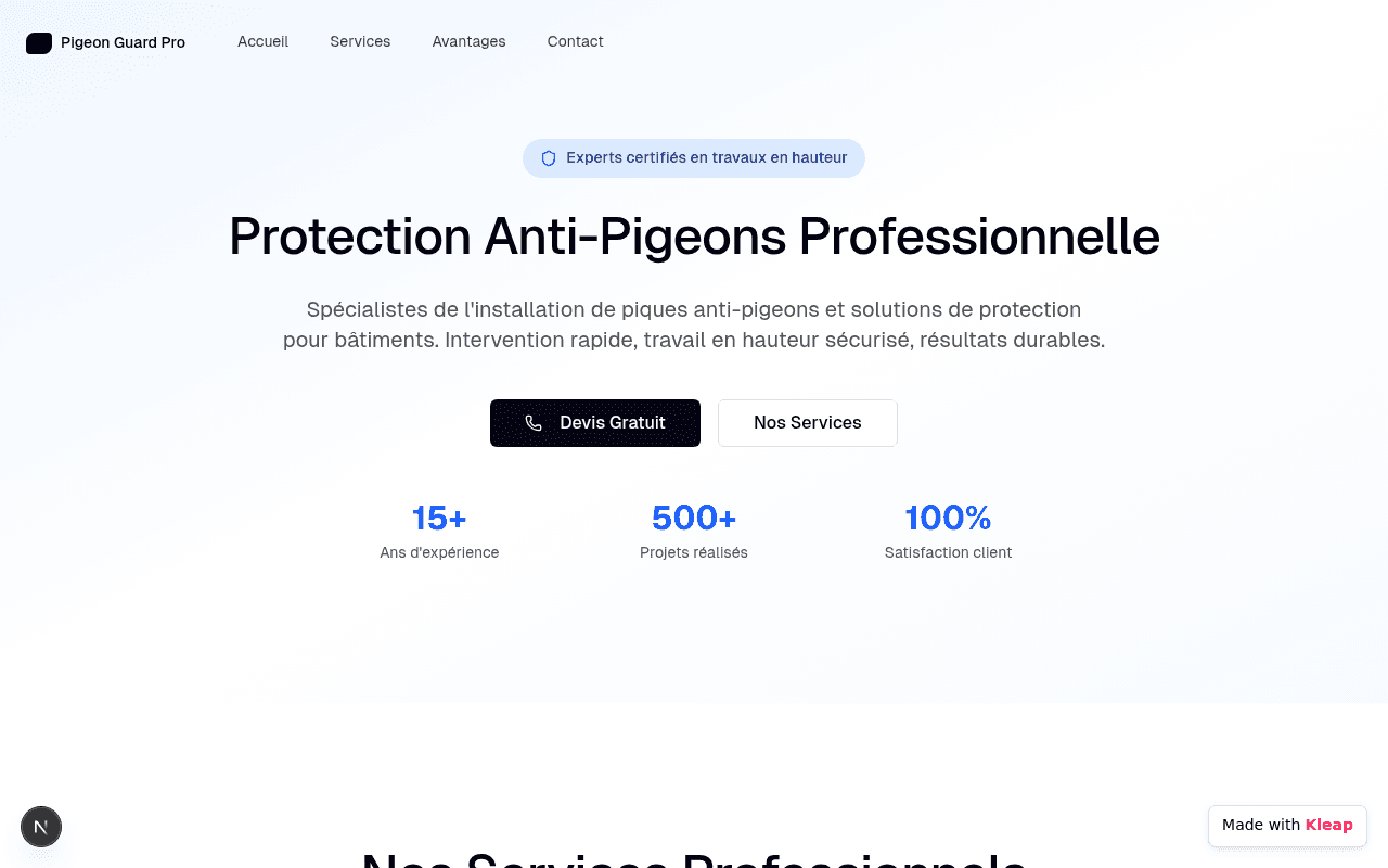 A professional service website offering anti-pigeon solutions with a clear, concise presentation.