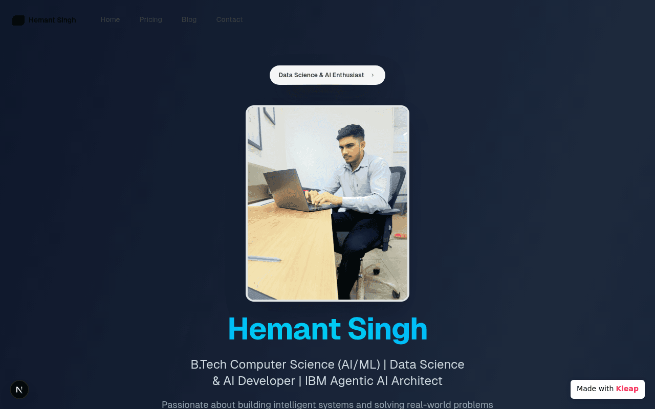 A developer's personal page, highlighting AI expertise with a clean, modern aesthetic.