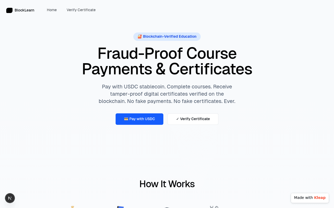BlockLearn offers fraud-proof blockchain-verified education and certificates via USDC stablecoin payments.