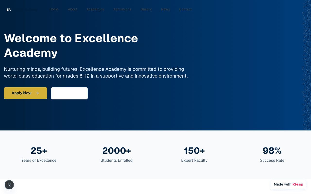 A clean, data-driven academy site fostering futures with clear navigation.