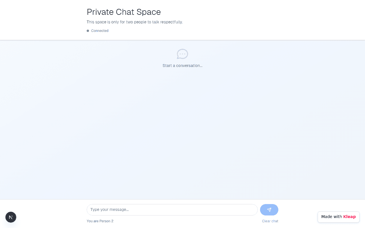 A simple, private chat application designed for respectful two-person conversations.