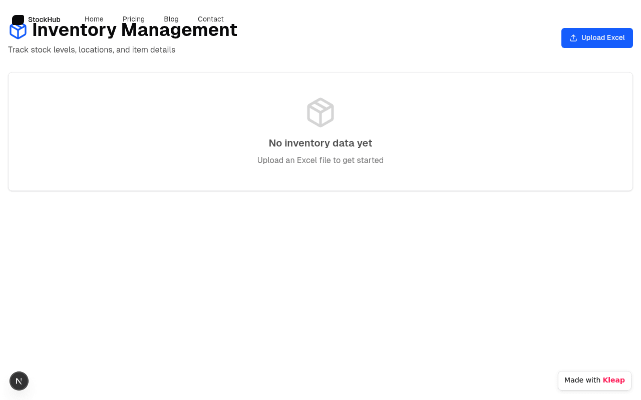 A clean, basic inventory management dashboard to track stock levels and item details.