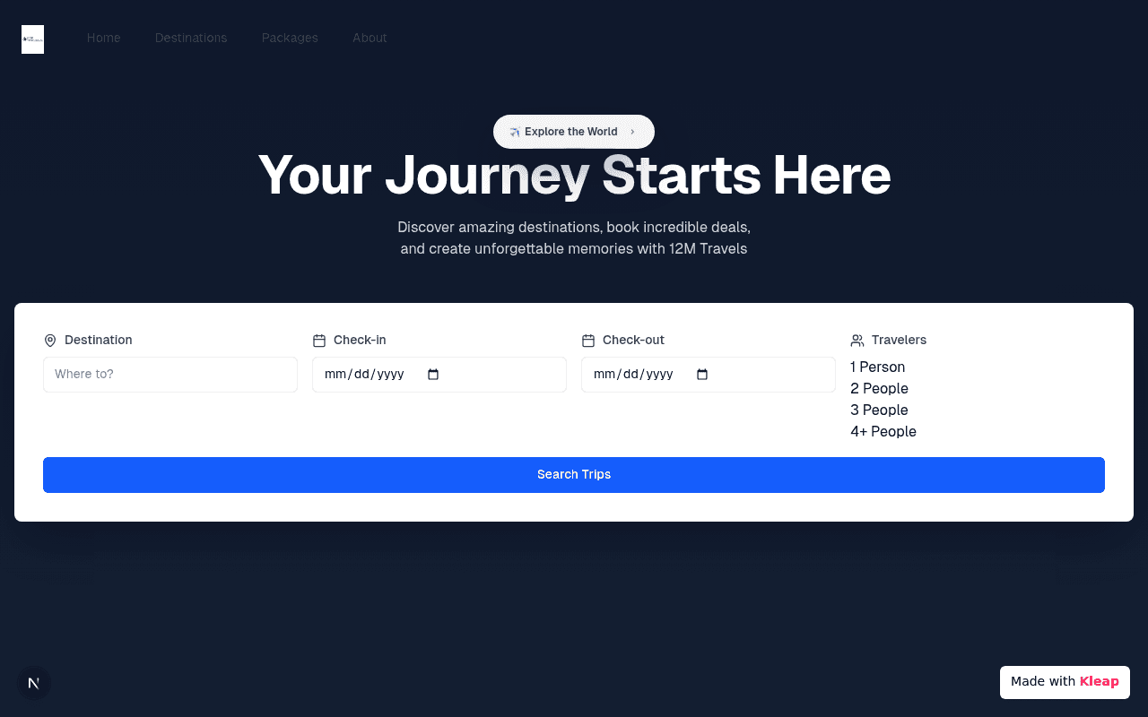 Plan your next adventure with an intuitive travel booking interface and crisp dark mode design.