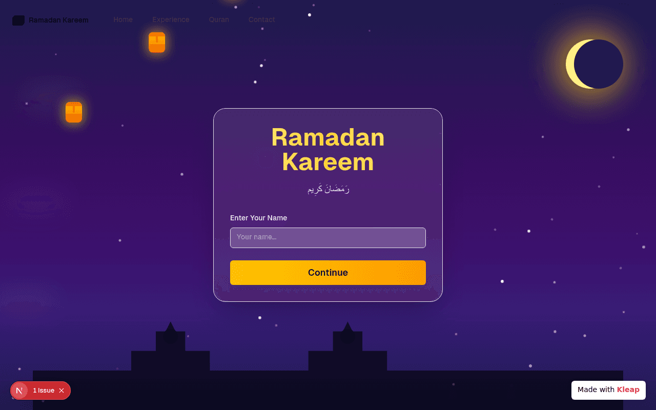An inviting Ramadan Kareem greeting page with a festive dark sky and lanterns.