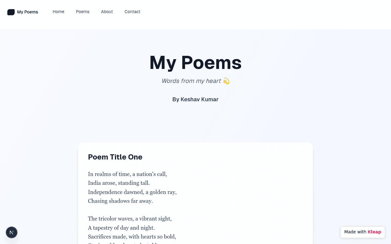 A minimalist blog featuring heartfelt poems with clean design and clear readability.