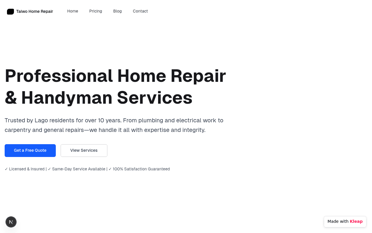 A clean, trustworthy online presence for home repair and handyman services.