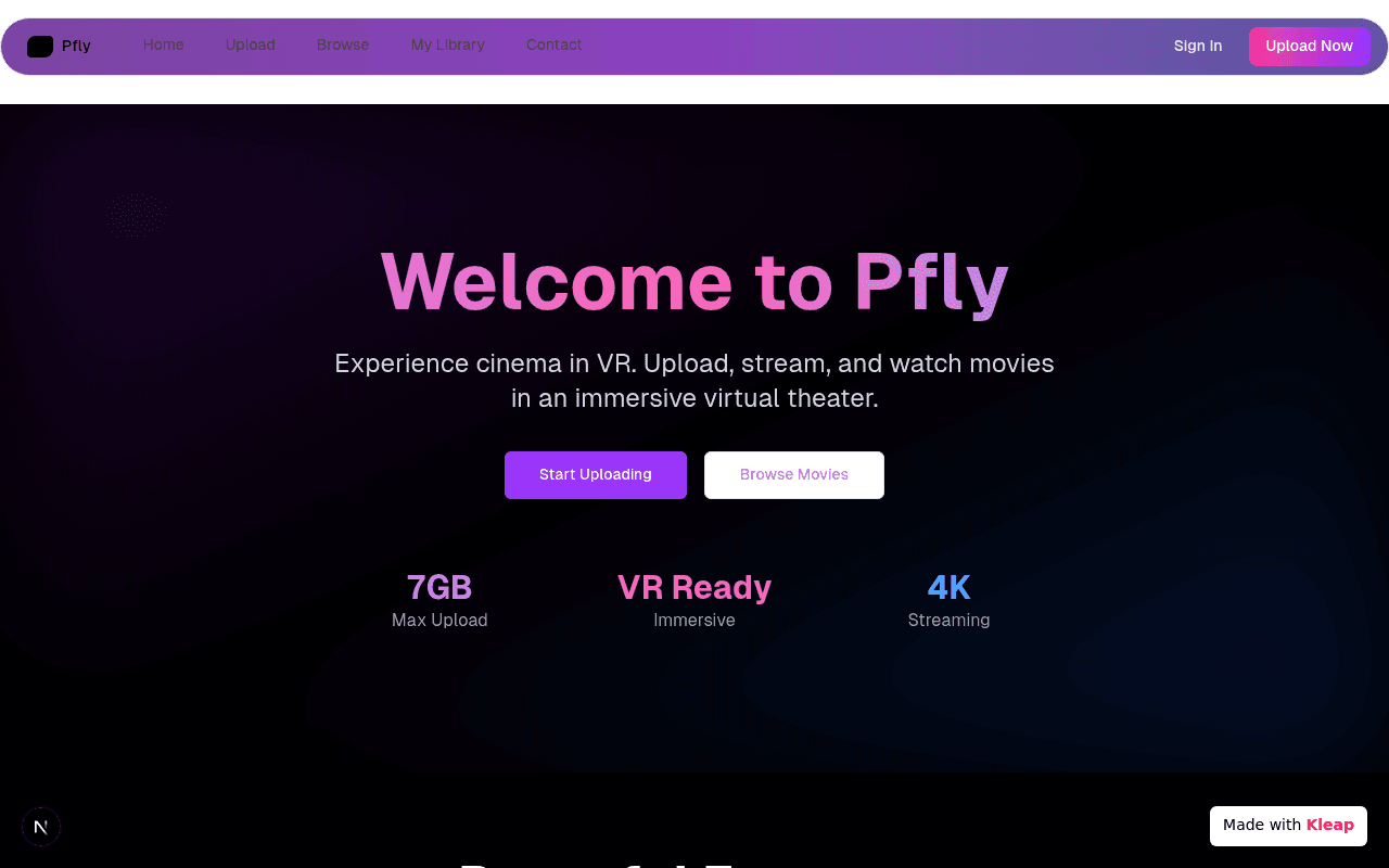 Pfly offers immersive VR cinema, letting users upload, stream, and watch movies.