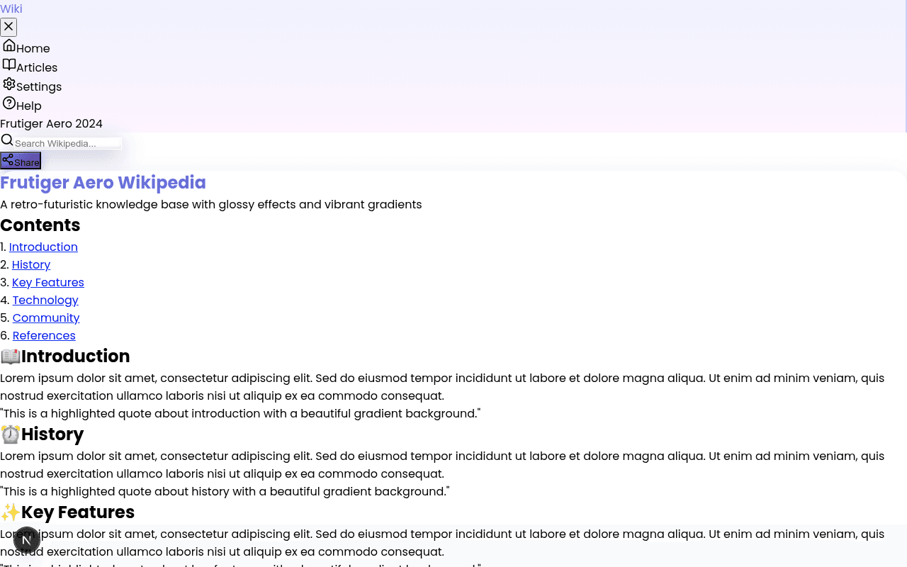 A retro-futuristic knowledge base with glossy effects, presenting content in a wiki format.