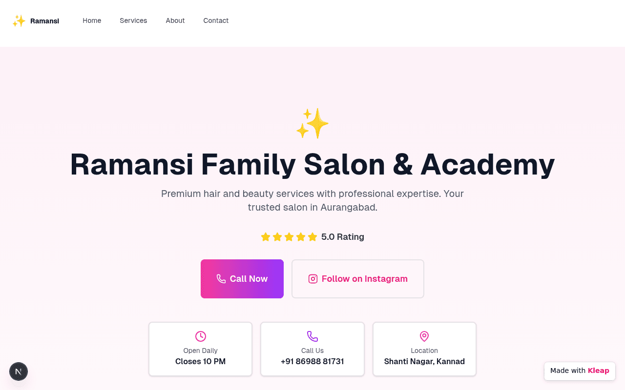 A modern online presence for a family salon and academy, offering curated beauty services.