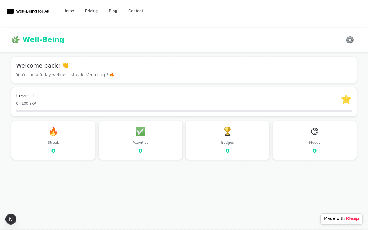 Track your wellness journey with an intuitive dashboard, visualizing streak, activities, and moods.