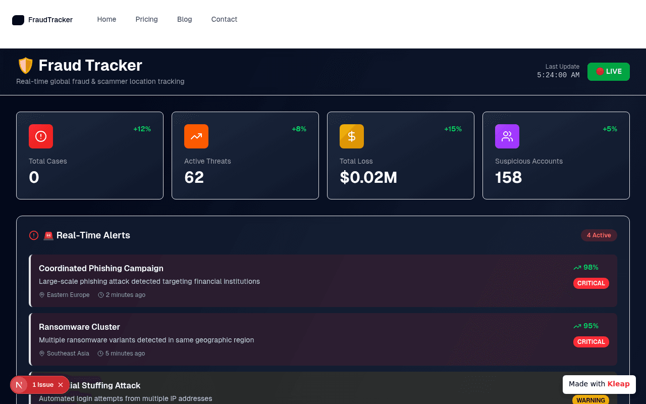A real-time fraud tracking dashboard with clear metrics and immediate alerts.
