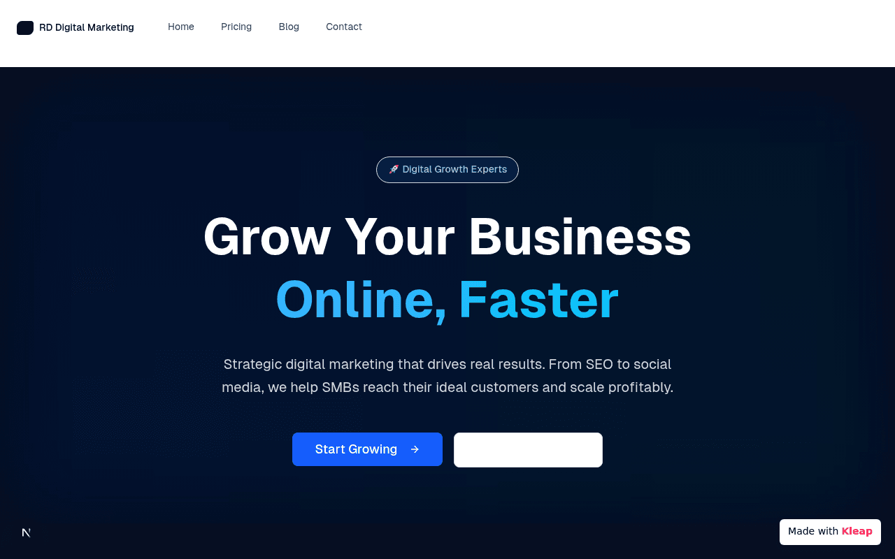 A digital marketing agency's homepage inviting businesses to grow online, faster.