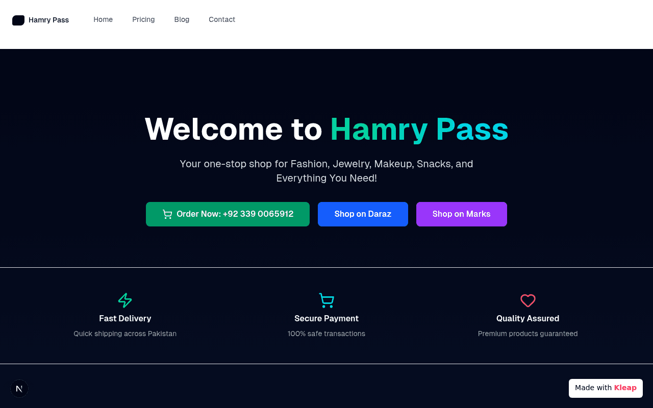 A sleek dark-themed e-commerce hub offering fashion, jewelry, and snacks with assured quality.